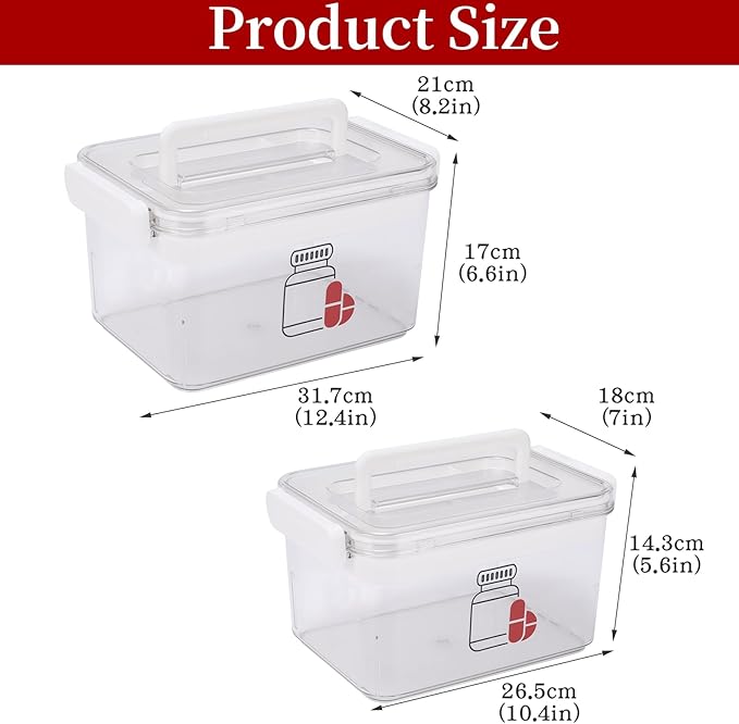2 Pack First Aid Box, Clear Plastic Medicine Storage Box with Lock Lid & Handle, Medicine Kit Case Container Empty, Medical Box for Supplements Medicine Storage Emergency Supplies Organizer