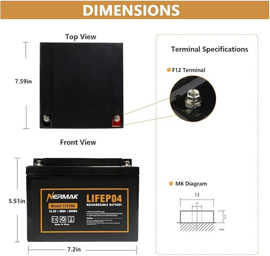 12V 30Ah Lithium LiFePO4 Deep Cycle Battery, 2000+ Cycles Lithium Iron Phosphate Rechargeable Battery for Scooter, RV/Outdoor Camping, Marine, Electric Wheelchair and More, Built-in 30A BMS
