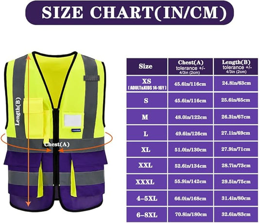 6XL 8XLHigh Visibility REFLECTIVE Safety Vest with 4 Reflective Strips 7 Pockets Yellow&Purple