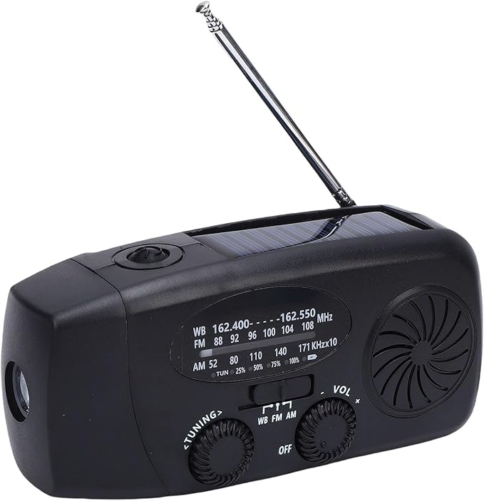 Jectse Emergency Weather Radio, FM AM WB Portable Solar Hand Crank Radio with 6000mAh Battery and LED Flashlight, for Home Outdoor Emergency (Black)