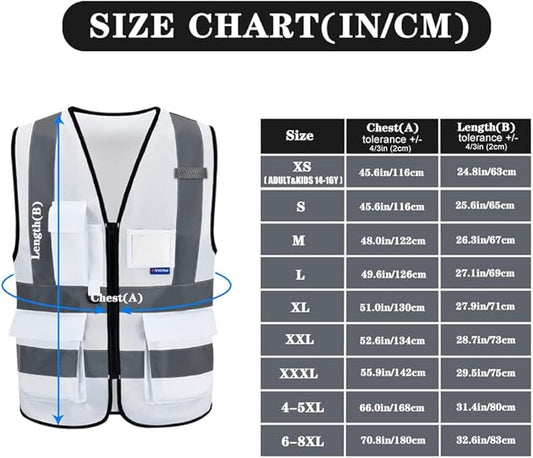 A-SAFETY Hi Reflective Safety Vest,Hi Vis Bright Neon Colors Safety Vest with 4 Reflective Strips 7 Pockets(White L)