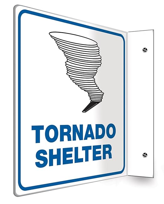 Accuform PSP257 Projection Sign 90D, "Tornado SHELTER", 8" x 8" Panel, 0.10" Thick High-Impact Plastic, Pre-Drilled Mounting Holes, Blue/Black on White