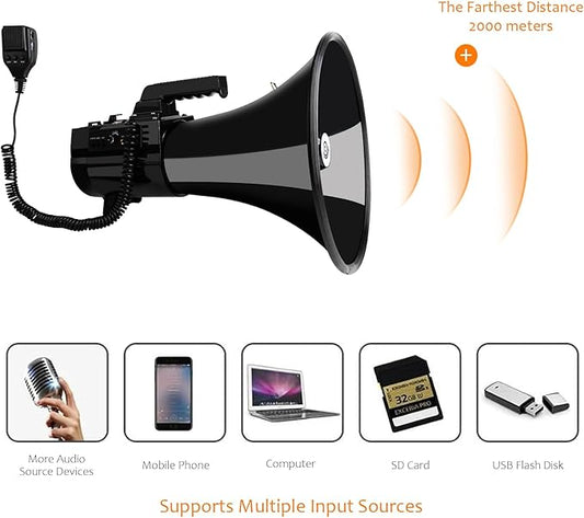 Heavy Duty 75W Professional Megaphone Bullhorn Speaker with Built-in Microphone-Rechargeable Battery&Portable Strap-Siren -USB/SD/AUX Input-Ideal for Football, Baseball,Coaches