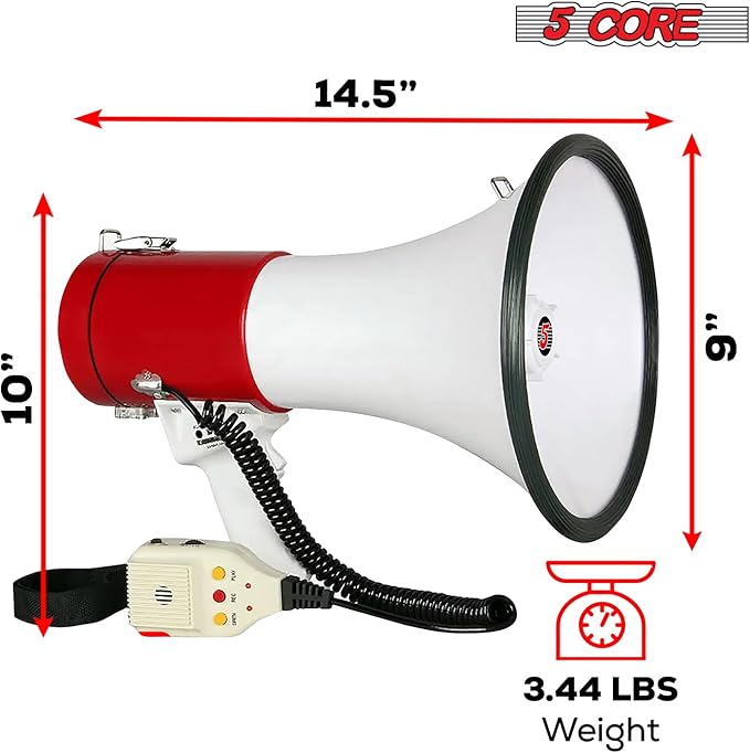 5 CORE Megaphone 50W Bull Horn Professional PA Speaker w 1200 Yards Range Loud Siren Voice Amplifier USB/SD/3.5mm Aux Portable Megafono for Emergency Outdoor Sports and Coaches - 66SF