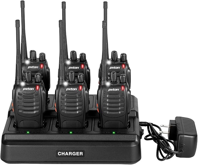 pxton walkie talkies for Adults Long Range with Upgraded Earpiece,radios walkie talkies Rechargeable Portable Two Way Radios with 6 Way Multi Gang Charger and Li-ion Battery (6 Pack)