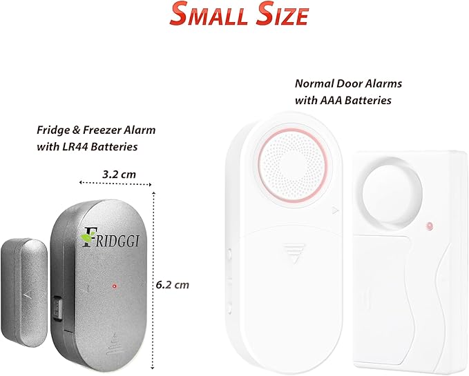 Fridge Door Alarm with 60 Second Delay, 2, 3, and 4 Minute Reminders, Loud Chime or Siren, Refrigerator Door Ajar Alarm, 4 Minute Reminders – Small Size. (Grey)