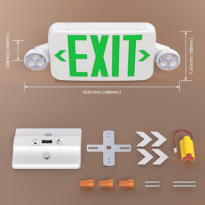 Emergency Exit Sign Lights Combo with Battery Backup, Double Sided Hardwired 6 Leds Exit Signs, Adjustable Heads Green Emergency Exit Lighting Ceiling/Wall Mount, UL Listed, AC 120/277V (1 Pack)