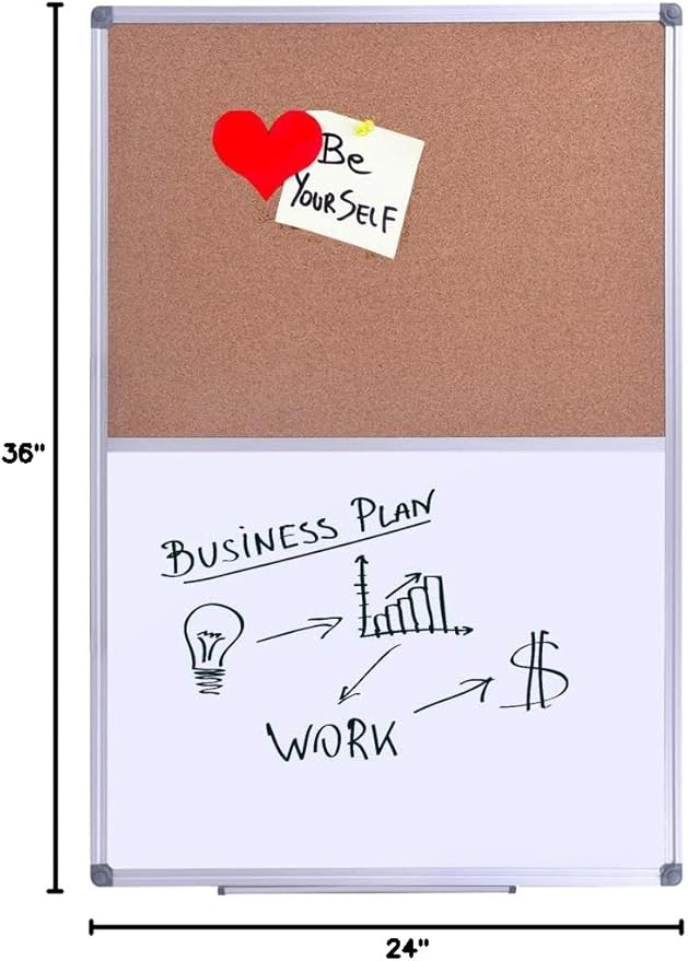 Magnetic Combination Whiteboard & Cork Bulletin Board, 36 x 24 Inch-Dual Surface Combo Board for Home Office Organization, Kitchen Meal Planning & School Study-Silver Aluminum Frame