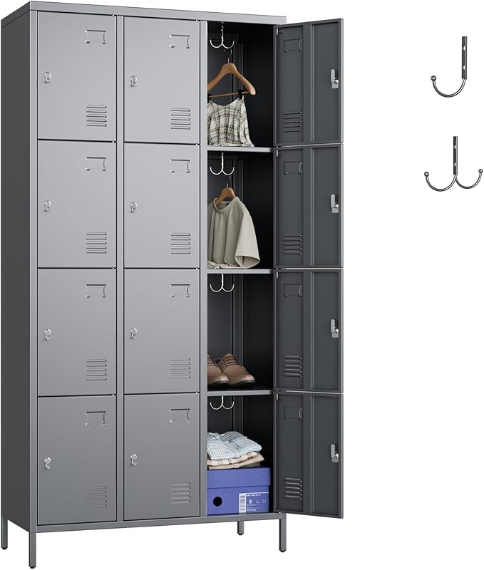 Metal Lockers for Employees with 12 Door and 12 Hooks,Metal Storage Locker with Lock for School Office Gym Bedroom,Assembly Required,Dark Grey