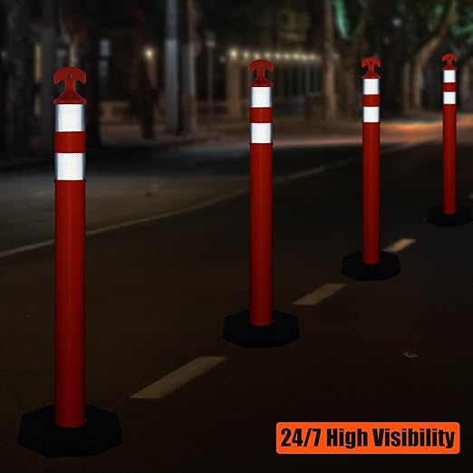 Traffic Delineator Post Cones with Heavy-Duty Octagonal Rubber Base, Channelizer Post Kit for Road Construction Work, Traffic Guidance, Garage Parking, Crowd Control (6, 42")
