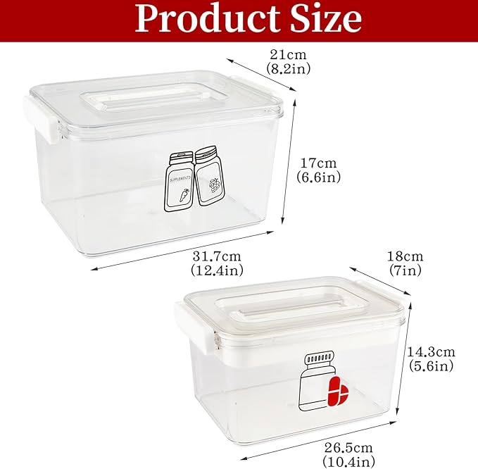 First Aid Box Empty and Vitamin Bottle Organizer Set, Clear Plastic Medical Box with Snap-Off Lid & Handle for Supplements Medicine Storage