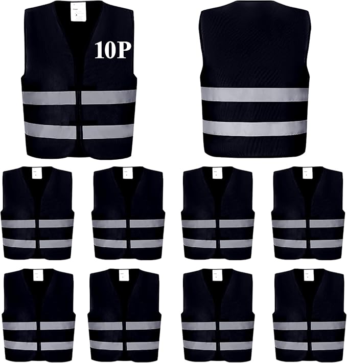 Black Safety Vests 10 Pack - Reflective High Visibility Construction ANSI Class 2 Work Vests for Men,Woman,Hi Vis Mesh and Neon Silver Strip