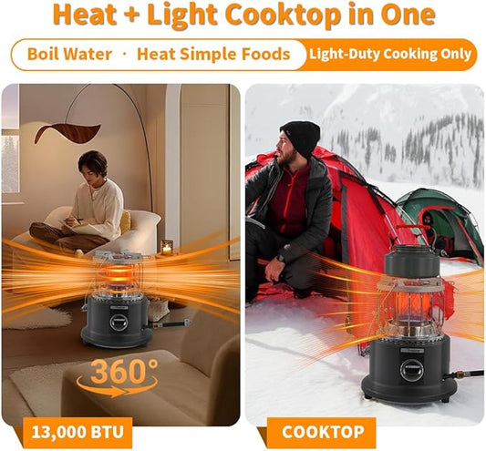 2-in-1 Portable Propane Heater Indoor & Outdoor & Stove, 13000 BTU Propane Tent Heater for Camping, ODS/Tip-Over/Flame-Out Safety, 360° Heat, Cooktop for Boiling Water/Heating Food, Regulator Hose