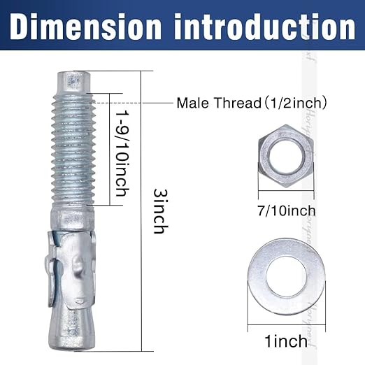 1/2" x 3" Wedge Anchor, for Cement and Concrete only, zinc-Plated Carbon Steel Screws and lag Bolts (10 pcs