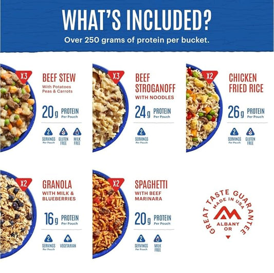 Mountain House Classic Meal Assortment Bucket Freeze Dried Backpacking & Camping Food 24 Servings
