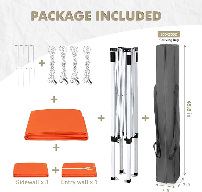 EAGLE PEAK 5x5 Instant Canopy with 4-Side Wall Panels, Small Pop up Portable Canopy Tent with Carry Bag, Light Weight Sun Shelter for Sports, Camping and Beach, Orange