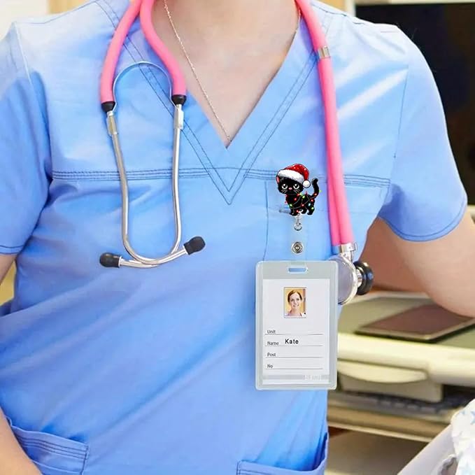 Christmas Cute Colored Lights Cat Badge Reel, Holiday Retractable Name Tag Badge Holder,Xmas Nurse Nursing Badge Clip for RN CNA LPN Medical Worker ID Card Decor |with Acrylic Alligator Clip