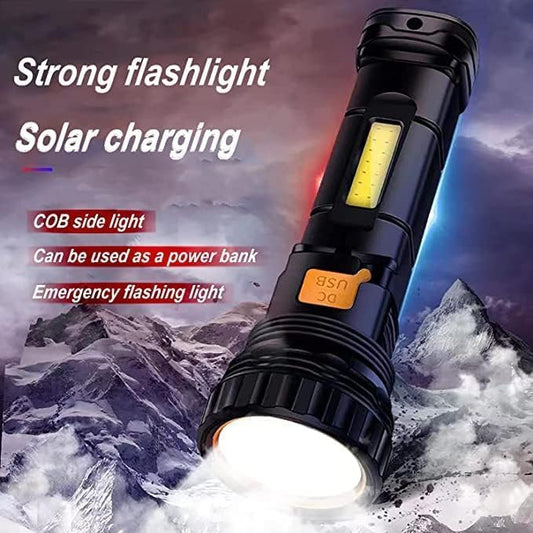 4pcs Solar/Rechargeable Multi Function 1000 Lumens LED Flashlight, with Emergency Strobe Light and 1200 Mah Battery, Emergency Power Supply and USB Charging Cable, Fast Charging (4PC)