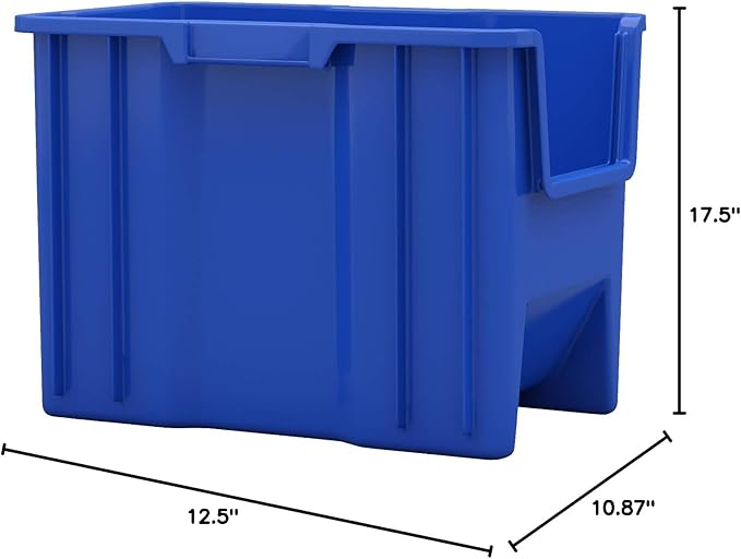 Akro-Mils 13014 Stak-N-Store Heavy Duty Stackable Open Front Plastic Storage Container Bin, (17-1/2-Inch x 11-Inch x 12-1/2-Inch), Blue, (4-Pack)