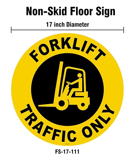Stranco Non-Slip Floor Sign “FORKLIFT TRAFFIC ONLY” | 17” Black on Yellow | Permanent Acrylic Adhesive, Pebble-Textured Laminate, Durable 20 mil Construction, Slip-Resistant Safety Label