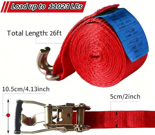 2 Pack Heavy Duty Ratchet Tie Down Straps 2" x26' – 11023 lbs Break Strength Cargo Straps with Metal Hooks for Truck, Trailer, Moving, Motorcycle & ATV, Red