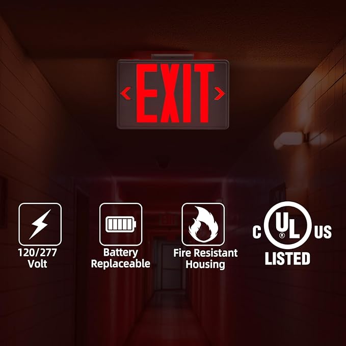 Exit Sign with Battery Backup,Commercial Exit Signs, Red Emergency Exit Light,Combo for Business,Dual-Sided, UL Certified, 120V/277V AC,2 Pack