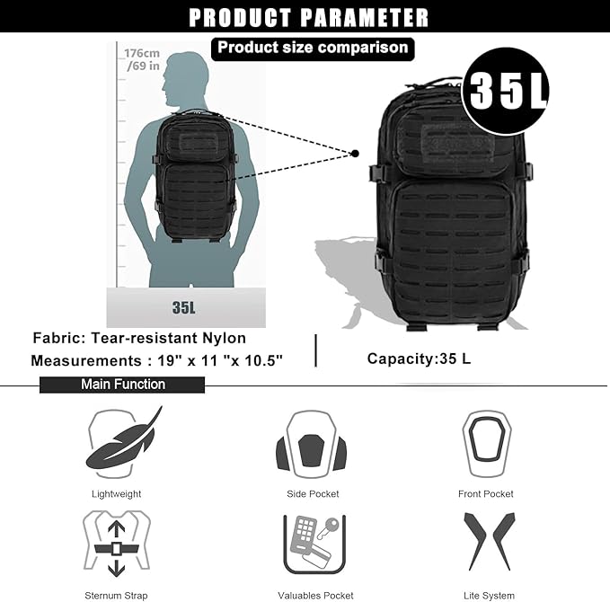 Military Tactical Backpack for Men 35L Small Molle System Water Resistant 3 Day Survival Assault Pack for Bug Out Bag Rucksack Travel Hiking Camping Gym Range Trekking Hunting Sport Work (Black)