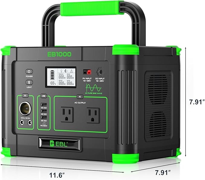Solar Generator 1000W (Peak 2000W), EBL 999Wh Portable Power Station, 110V Pure Sine Wave AC Outlet with PD 60W USB-C Fast Charging, Outdoor Camping RV Van Home Backup Off-Grid Living