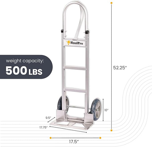 Heavy Duty Hand Truck with Vertical Loop Handle - Aluminum Dolly Cart for Moving - 500 Pound Capacity - 10" Rubber Wheels - 52.25" H x 17.5" W with 17.75" x 9.5" Diecast Nose Plate