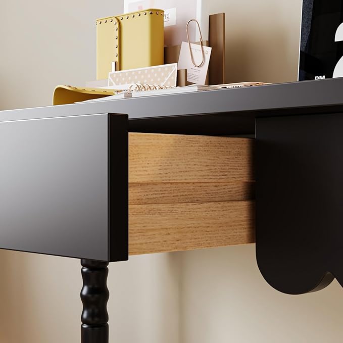 MOUMON Writing Desk with a Drawer, 47.2” Small Computer Desk for Home Office, Wood Study Table Craft Desks for Living Room Bedroom, Round Edge, Black, 23.6”D x 47.2”W x 29.4”H