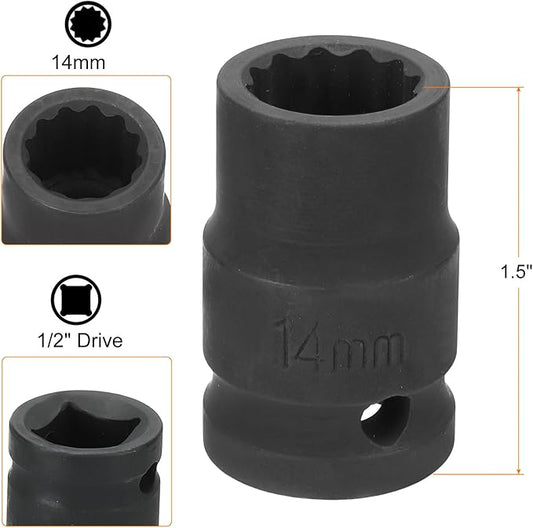 HARFINGTON 12-Point Impact Socket 1/2 Inch Drive 14mm Metric Cr-V Shallow Impact Socket Nut Driver Wrench for Auto Repair