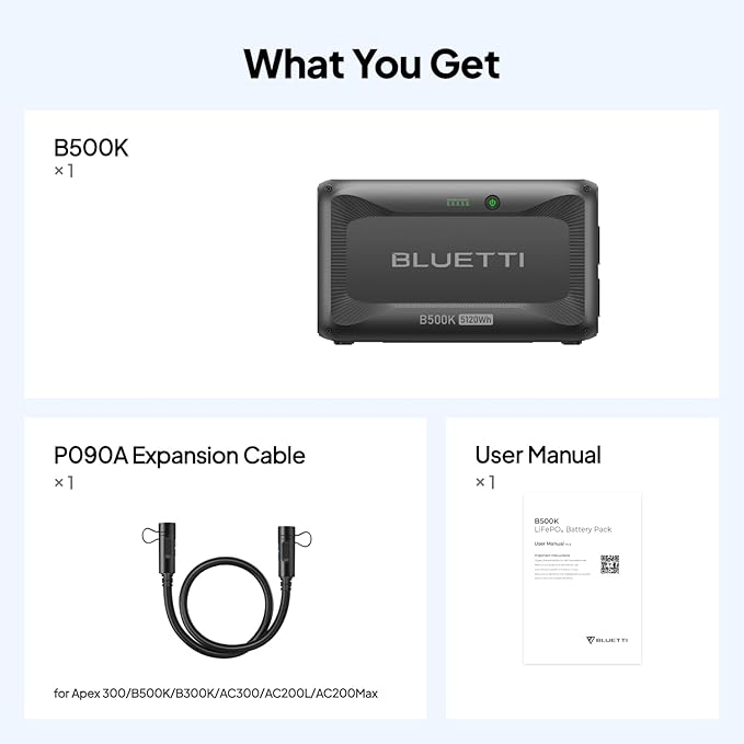 BLUETTI B500K Expansion Battery for AC200L AC300 AC500 AC200MAX Portable Power Station, 5120Wh LiFePO4 Battery Pack, Solar Generator for Home, Emergency, Off-Grid (Expansion Cable P090A Included)