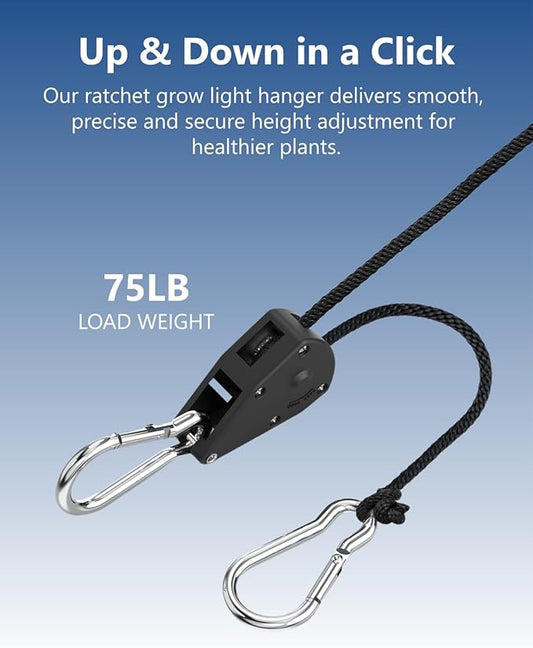 1/8" Rope Tie Down Ratchet: 4 Pack of Adjustable Grow Light Hangers - Small Ratchet Straps for Various Hanging and Strapping