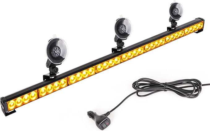 35.5 Inch Hazard Warning Emergency Traffic Advisor Strobe Light Bar 32 LED High Intensity Directional Flashing Safety Lightbar 13 Flashing Modes Cigarette Lighter Suction Cups (Amber Yellow)