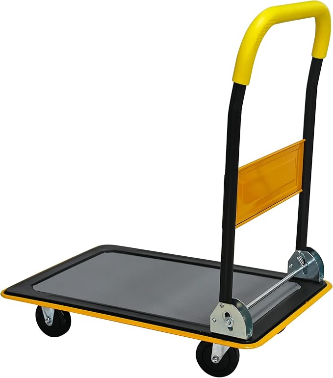 Yellow Folding Platform Hand Truck 330 lbs Capacity, Heavy Duty Flatbed Cart with 360Β° Swivel Silent Wheels, Non-Slip Steel Dolly for Warehouse, Office, or Home β Foldable Design