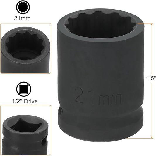 HARFINGTON 12-Point Impact Socket 1/2 Inch Drive 21mm Metric Cr-V Shallow Impact Socket Nut Driver Wrench for Auto Repair