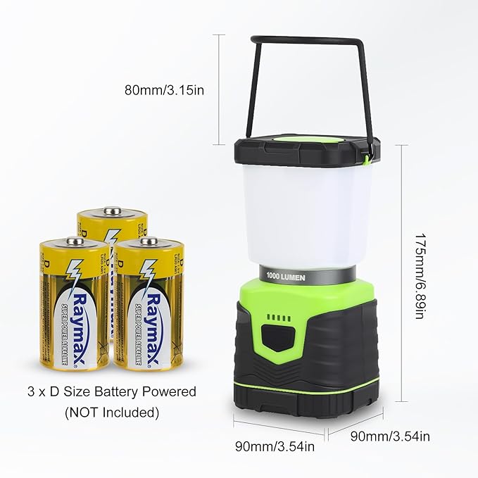 1000LM Battery Powered Lantern, 4 Lighting Modes, IPX4 Waterproof, Battery Operated Lantern with Battery Indicator for Outdoor Camping, Hiking, Carabiner Clip Included