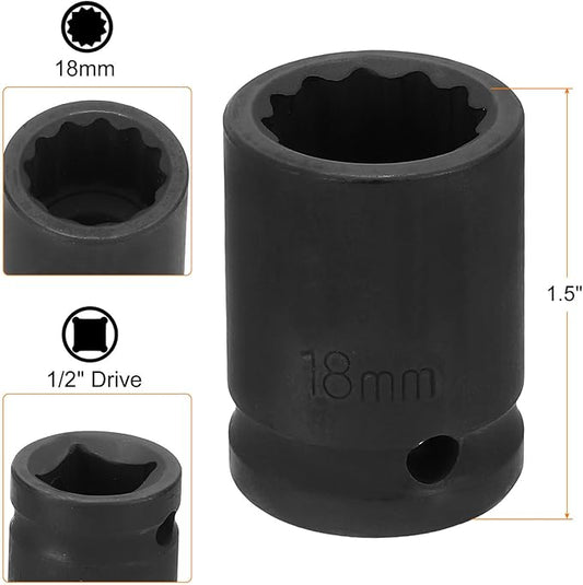 HARFINGTON 12-Point Impact Socket 1/2 Inch Drive 18mm Metric Cr-V Shallow Impact Socket Nut Driver Wrench for Auto Repair