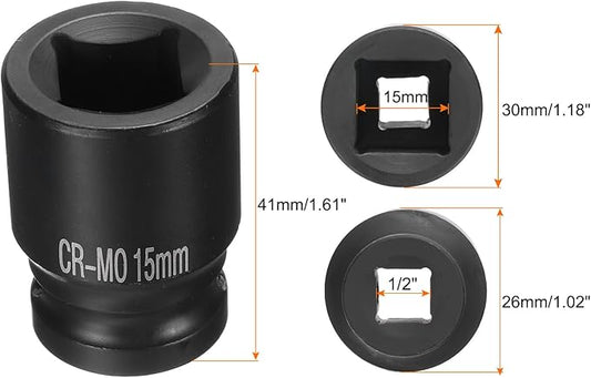 HARFINGTON 4 Point Square Socket 1/2" Drive 15mm Metric Square Impact Socket CR-MO Blackening Standard Wheel Sockets Pneumatic Socket Tool for Auto Repair Mechanical Maintenance Home Use