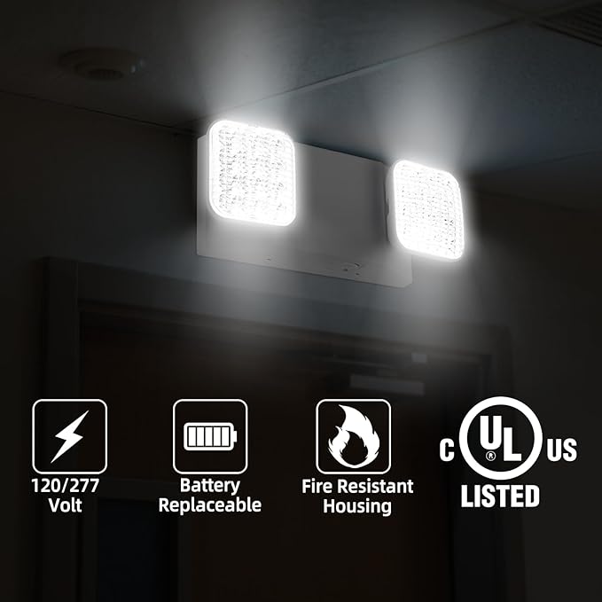 Emergency Light, LED Emergency Lighting with Battery Backup, 2 Adjustable Heads, Commercial Emergency Lights Combo for Business, 120V/277V AC, UL Listed, 4 Pack