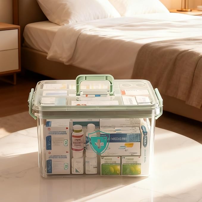 2 Pack Clear Medicine Organizer Storage Box Plastic First Aid Box Empty Medicine Container Chest, Multipurpose Medical Case Medicine Caddy Bin for Home, Office, Travel