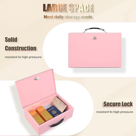 xydled Fire Resistant Safe Fire Safe Box with Key Lock for Home Office Security Storage for Valuables Documents,12.8 x 8.5 x 4.5 Inch,Pink