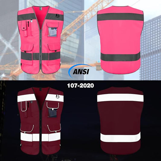 TCCFCCT Reflective Safety Vest 9 Pockets High Visibility Vest for Men Women, Hi Vis Construction Work Vest with Reinforced Sewing, Durable to Use, Meets ANSI/ISEA Standards, (Pink, 5X-Large)