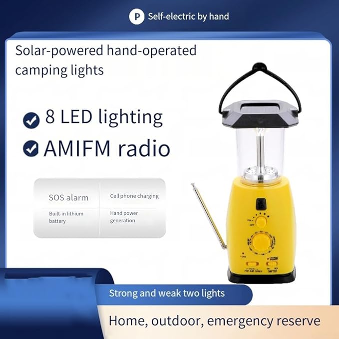 Solar Powered AM/FM Portable Radio with Hand Crank, USB Phone Charger, LED Camping Light, Compact 8.3 x 4.3 x 4.3 in Yellow