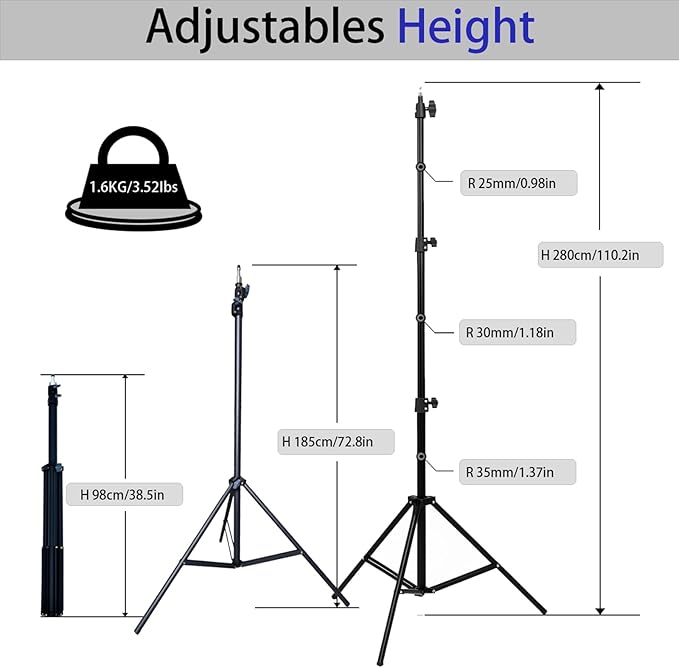 Light Stand,110 inches/2.8 Meters Adjustable,Capable of Supporting Up to 20KG Light Tripod,It Features A Gimbal and is Suitable for Fill Lights,Softboxes, Cameras, and Live Video Recording