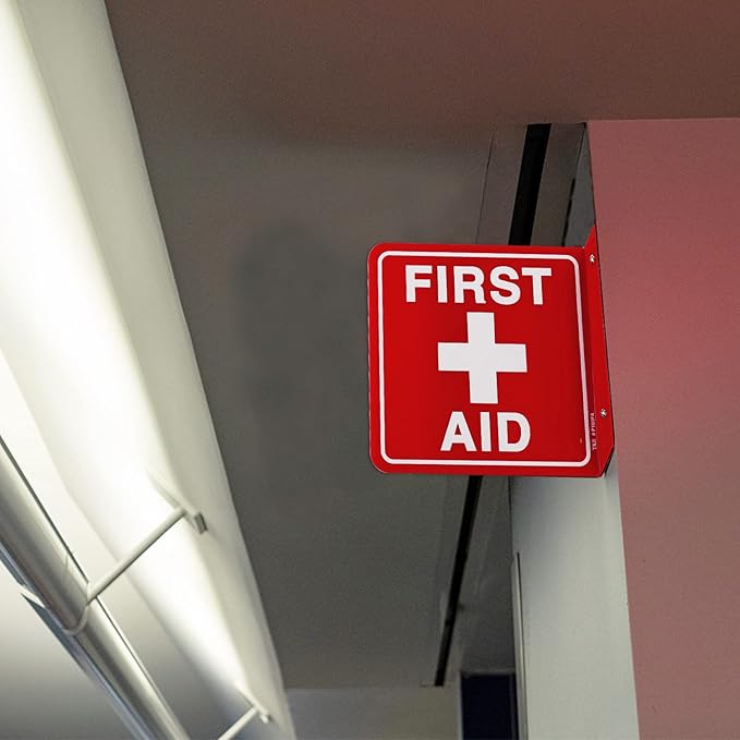 T&R First Aid Sign, First Aid with Cross Symbol - 2 Pack - 6 x 6 Inches Acrylic, 2 pre-drilled holes, Includes Matching Screws, Use for Office/Business