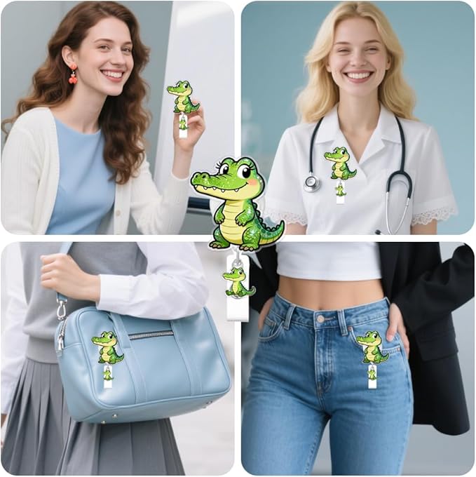 Cute Crocodile Badge Reel for ID Card, Funny Green Crocodile Retractable Nurse Alligator Clip Badge Reel for Women, ID Name Tag Badge Holder for Office School Hospital Nurses Doctors Teachers