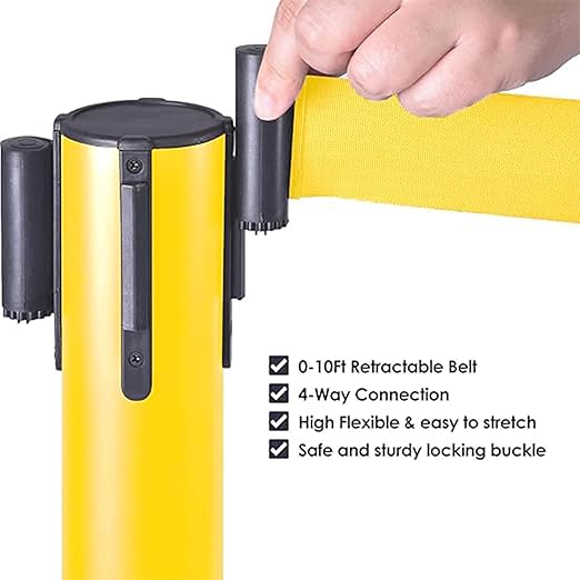 10 ft Crowd Control Stanchion Set, Crowd Control Barrier, Stanchions with Retractable Belts & Water Filled Base, Retractable Stanchions, Queue Management Stanchion (6 Pack) (Yellow)