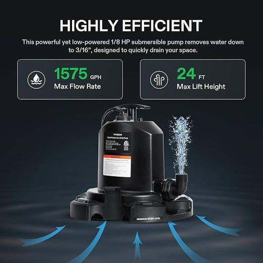 VIVOSUN Submersible Sump Pump, 1575GPH Thermoplastic Portable Utility Water Pump with 10ft Power Cord and 2 Adapters, Ideal for Swimming Pool, Basements, Window Wells