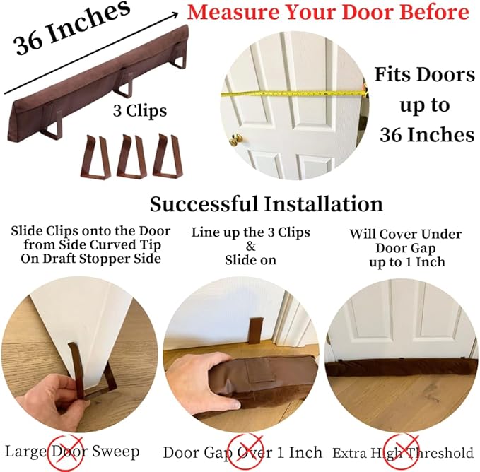 Evelots Cold, Hot Air Door Draft Stopper - Strong Metal Clips - Block Cold Air, Noise, Dust - Warm & Quieter Home- No Need to Bend Down- 36 Inch Wide - for Door Gaps up to 1 Inch - Save Energy